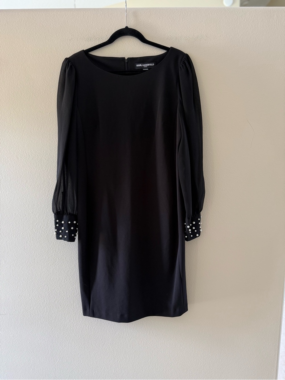 Karl Lagerfeld Black Cocktail Dress with Sheer Sleeves Pearl Cuff Detail